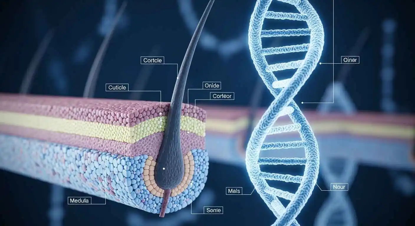 Photorealistic infographic-style illustration showing size comparison of a human hair strand at 80,000 nanometres versus a DNA double helix at 2 nanometres on a dark scientific background