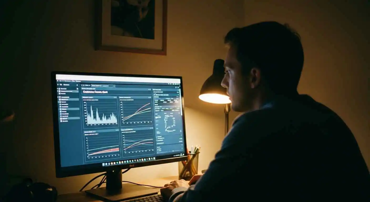 Data scientist analyzing customer churn prediction model with dashboard graphs and statistical metrics on screen