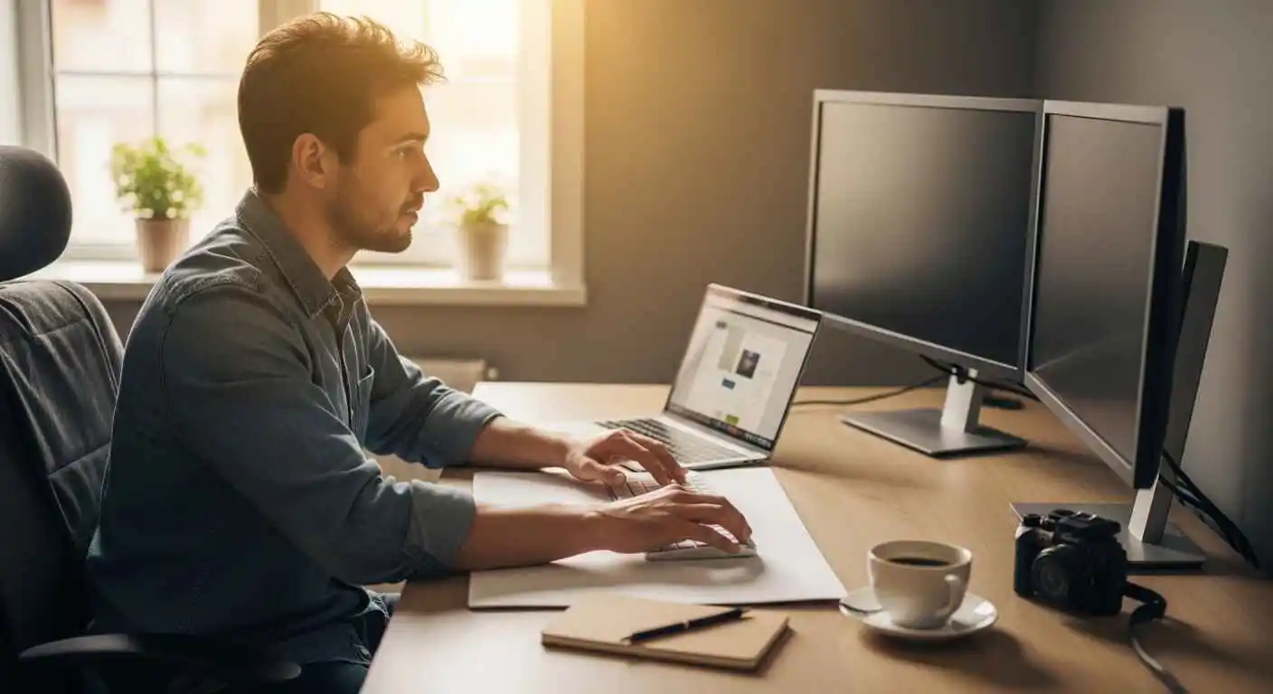 Remote worker adjusting desk setup for typing, writing, and computer work in a home office