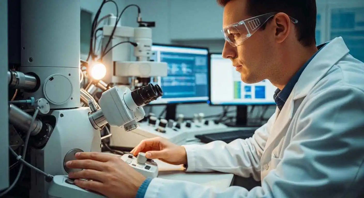 Scientist using advanced nanoscale measurement equipment inside a modern laboratory with microscope and precision instruments