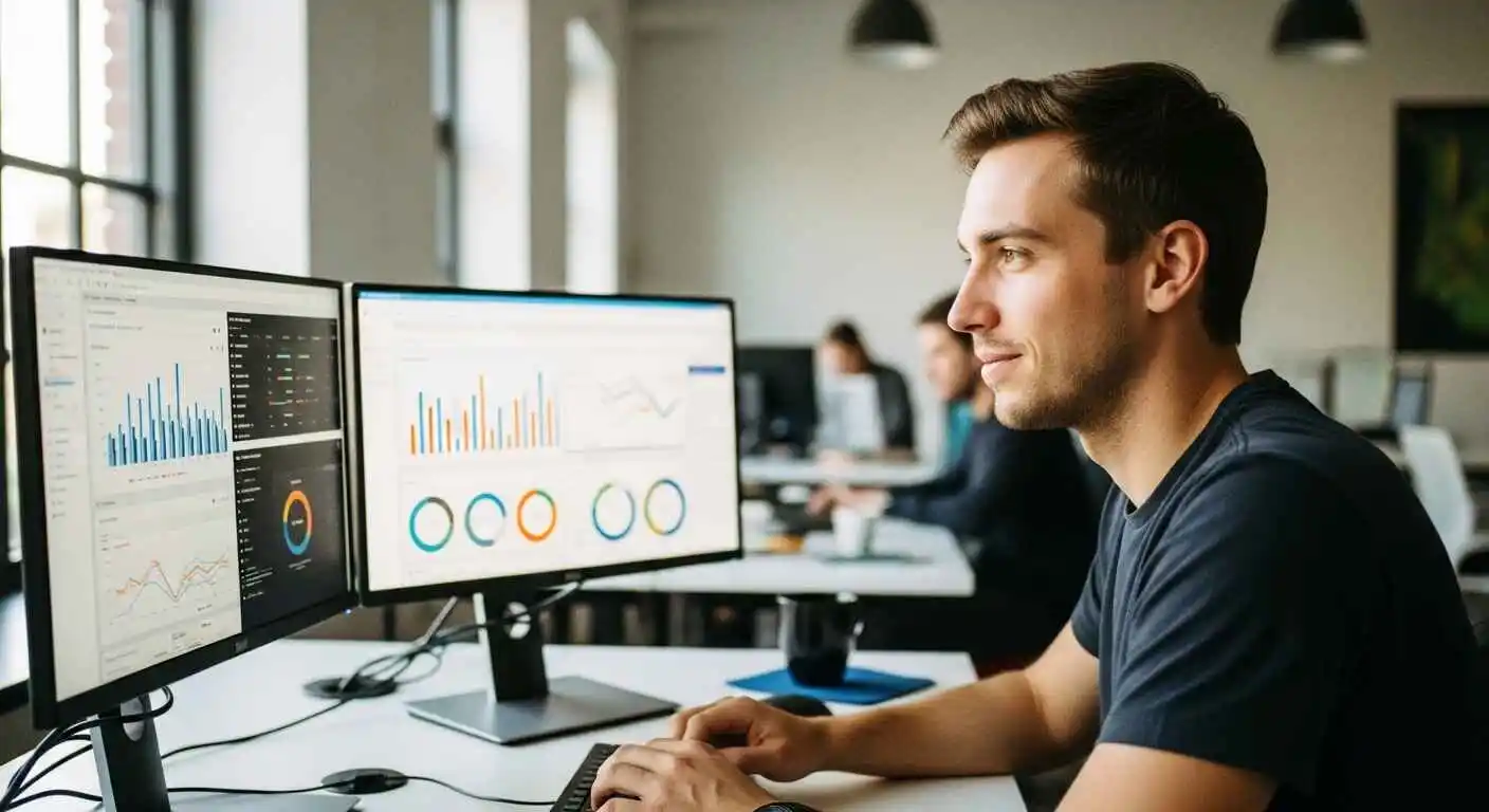 Young professional working as entry level data analyst reviewing business intelligence dashboards in office environment