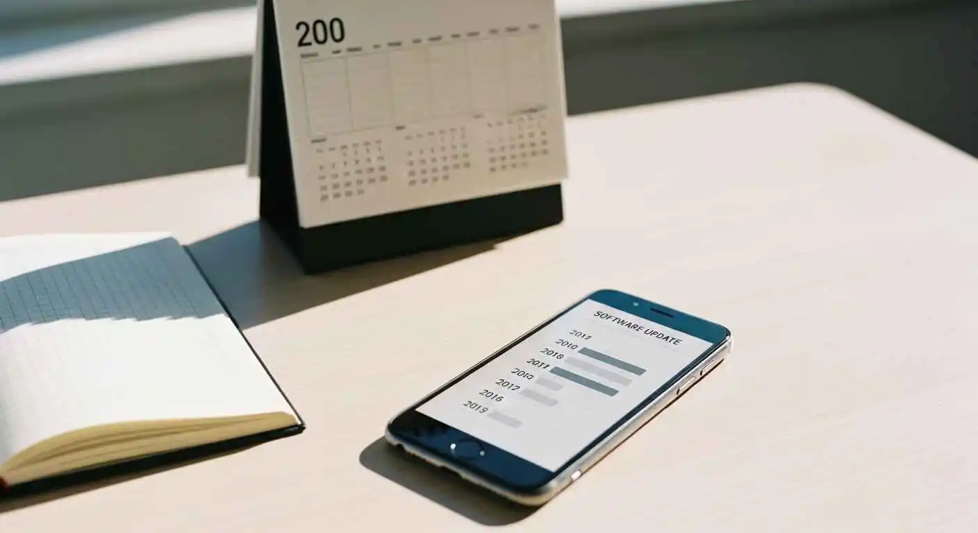 Modern iPhone on a desk with a digital timeline graphic illustrating long term Apple iPhone software updates and device support years.