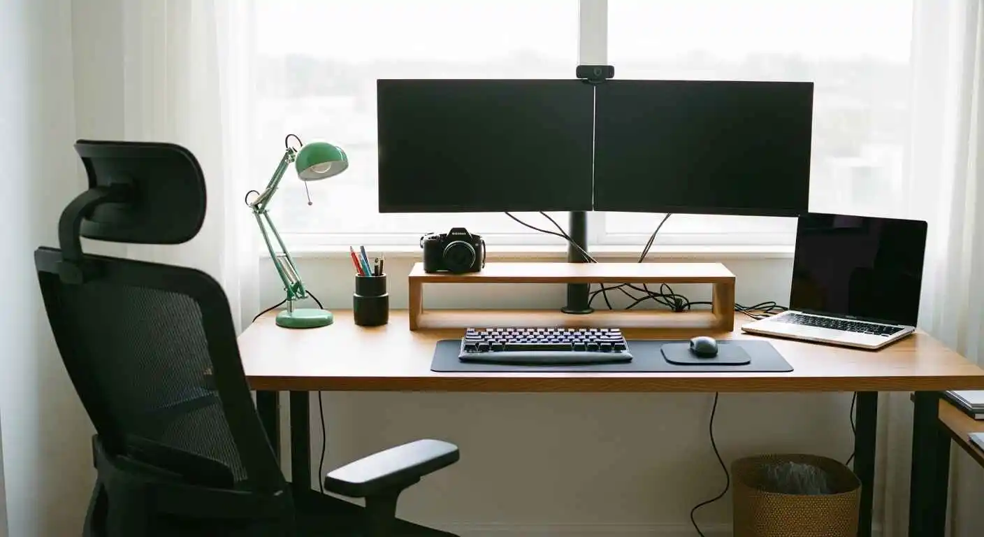 Affordable and premium home office equipment including ergonomic chair, desk lamp, monitor stand, and keyboard