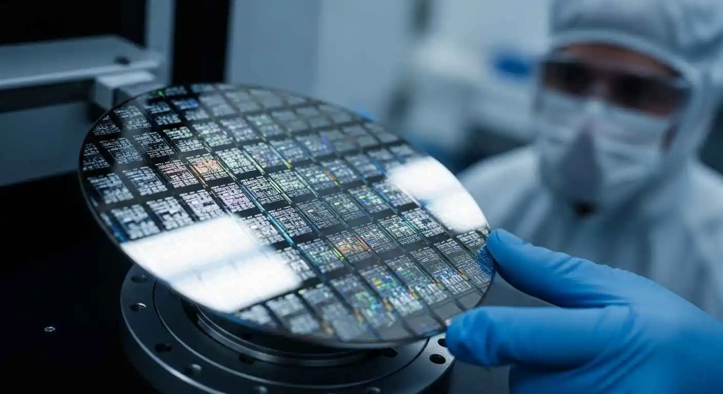 Close-up of semiconductor wafer inspection process showing microchip surface detail under precision measurement equipment