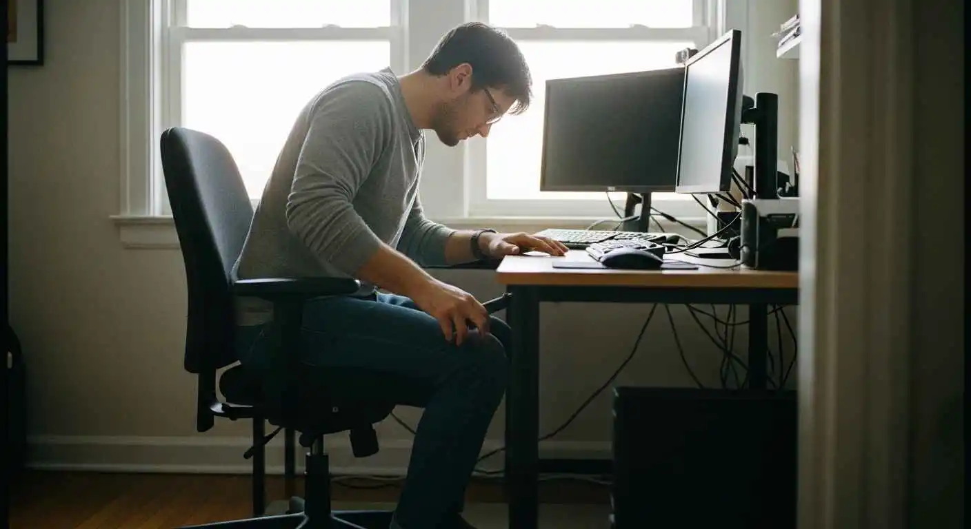 Person adjusting chair height and monitor position before purchasing new ergonomic office equipment