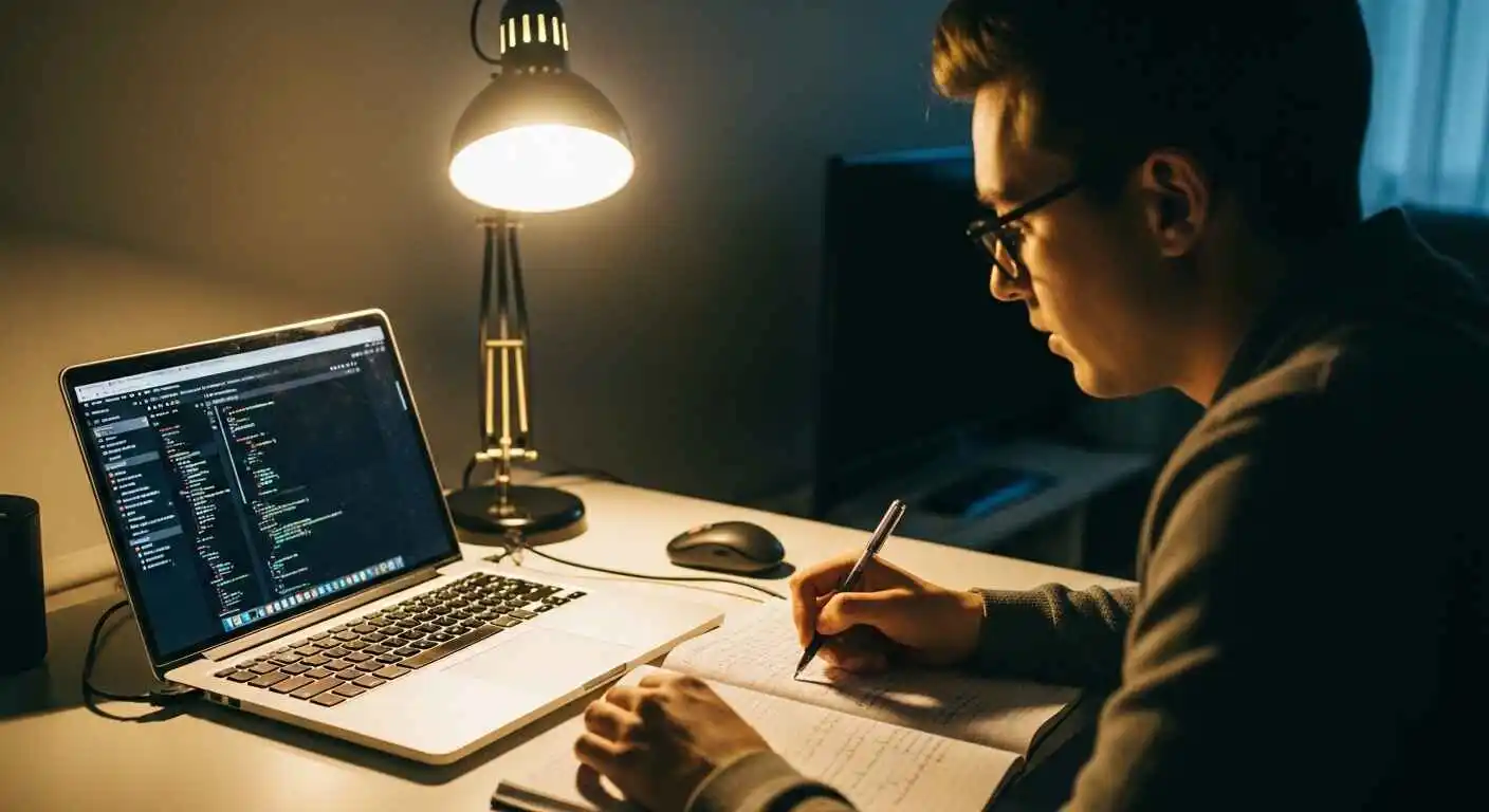 Candidate practicing data science interview questions with notebook and laptop in home office setup