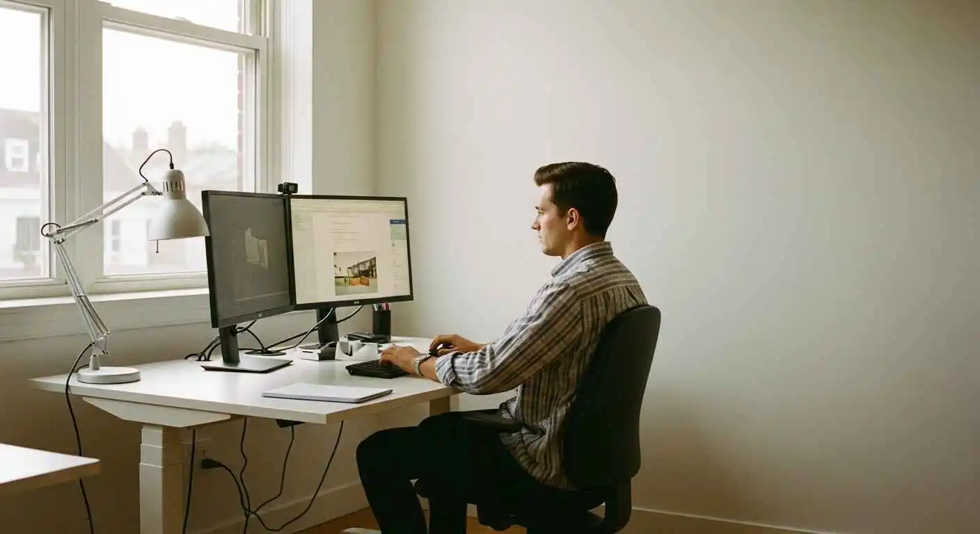 Focused professional working comfortably at an ergonomic desk setup with proper posture and lighting