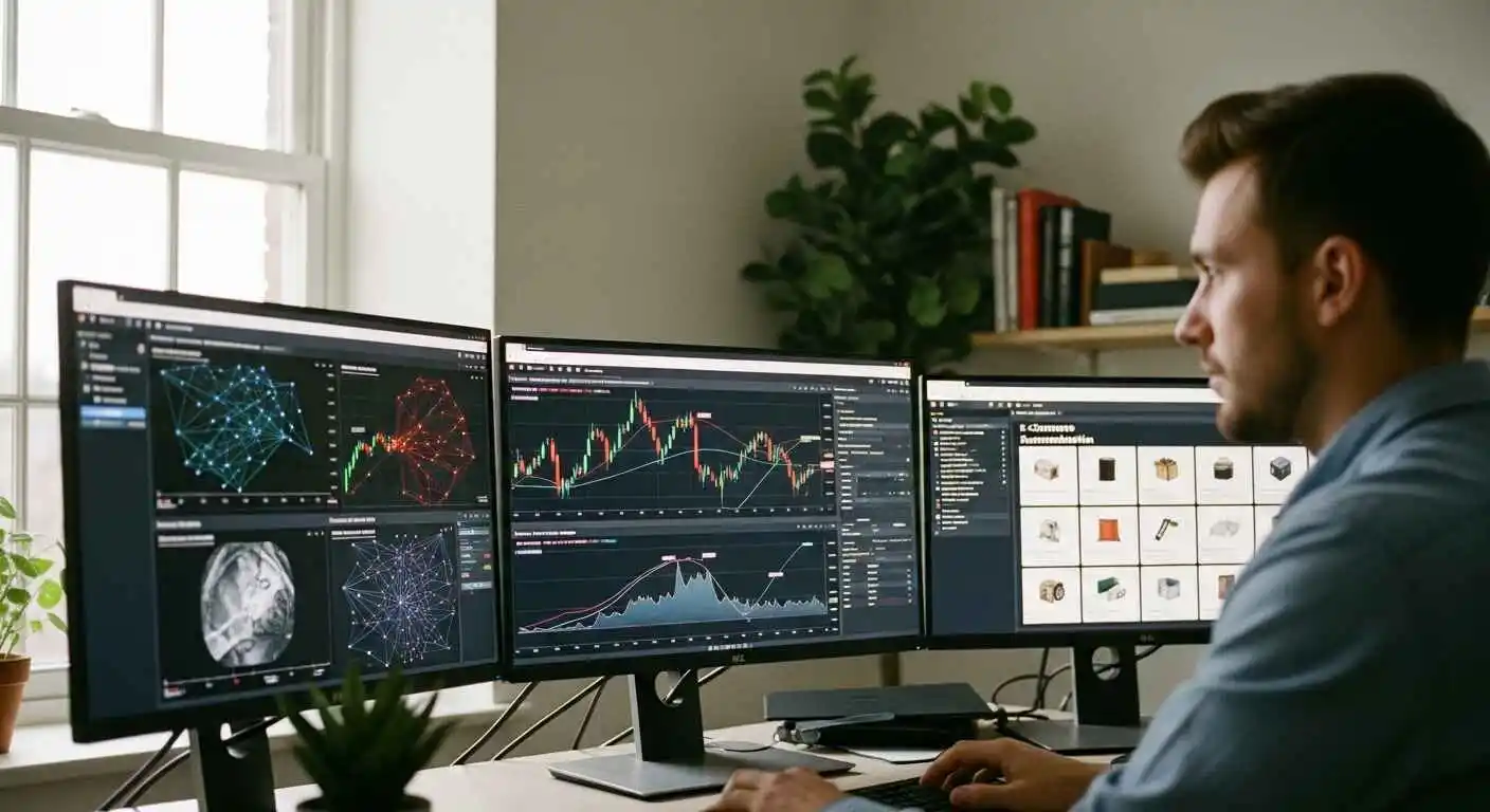 Machine learning used in finance, healthcare, and e-commerce with data analytics dashboards and predictive models