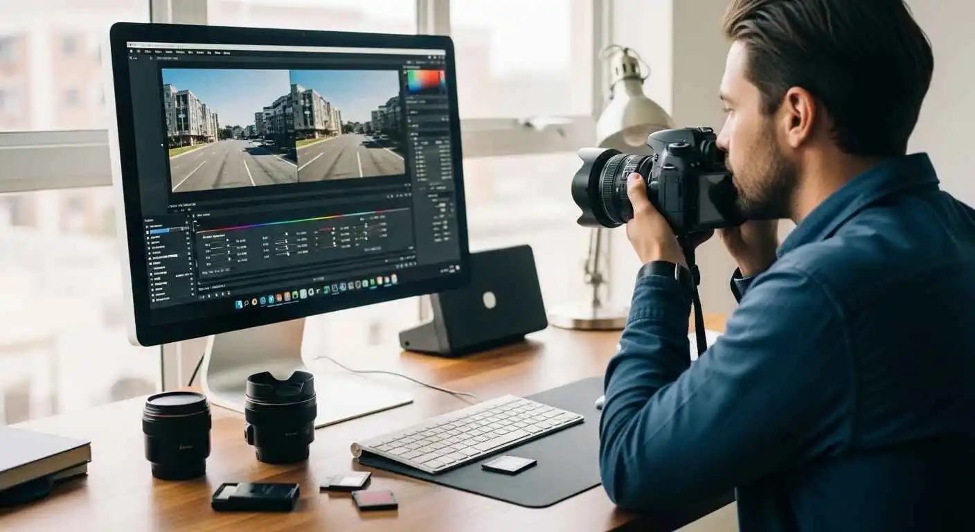 photographer editing RAW photos on a computer using professional photo processing software with camera and memory cards on desk