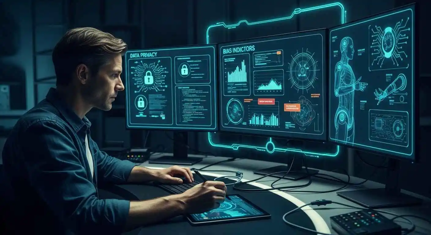 Concept of AI challenges including data privacy, bias, and future technologies like robotics and edge computing