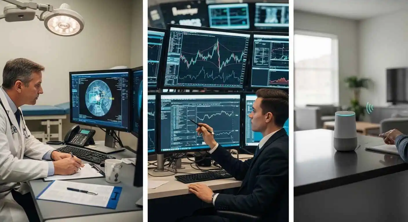 Artificial intelligence applications in healthcare, finance, and smart home technology visualized in a modern digital environment