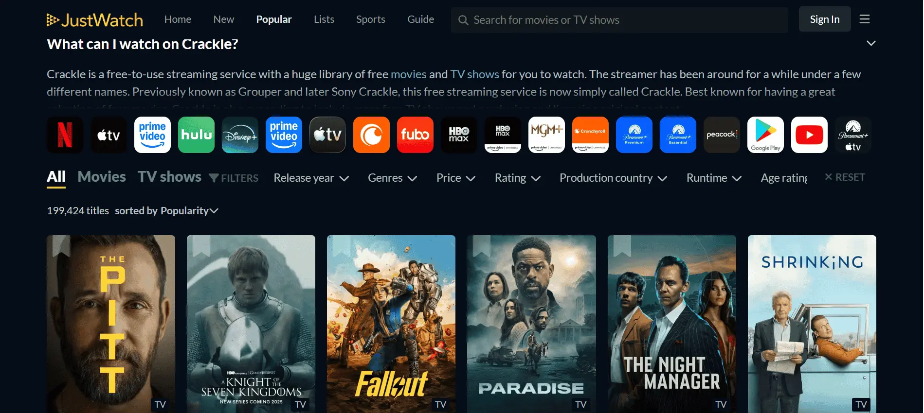 Crackle streaming service displaying a variety of movies and TV shows including titles like "The Pitt" and "Fallout," offering action and sci-fi content with free access.