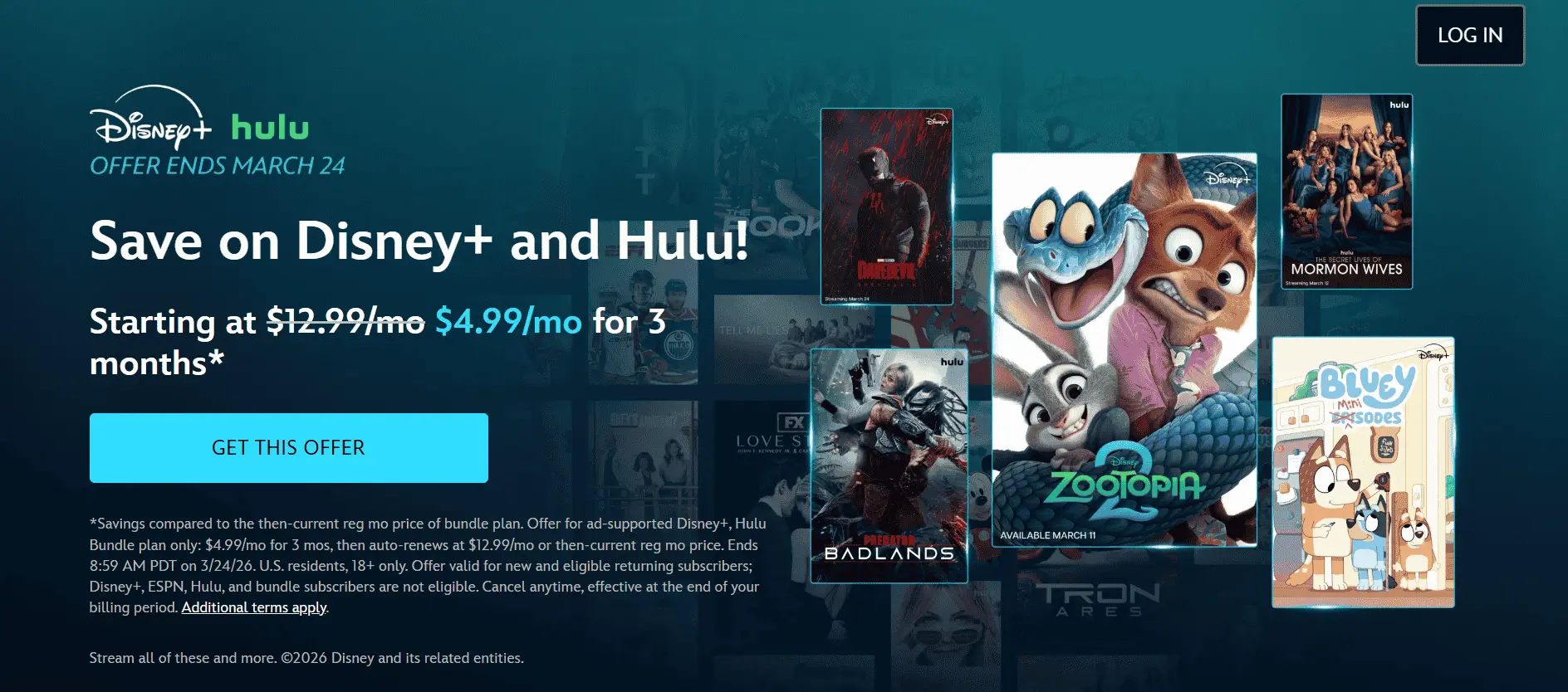 Disney+ homepage promoting the bundle offer for Disney+ and Hulu with popular content like "Zootopia 2," "Daredevil," and "Predator: Badlands."