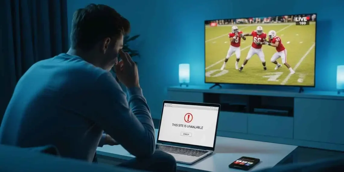 A person frustrated at a laptop showing a "site not available" error while trying to watch a live sports game, with streaming service logos visible in the background — Methstreams alternatives 2026