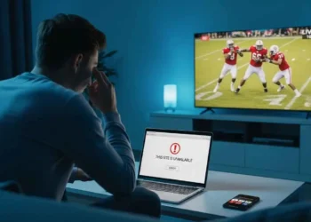 A person frustrated at a laptop showing a "site not available" error while trying to watch a live sports game, with streaming service logos visible in the background — Methstreams alternatives 2026