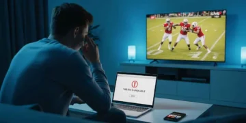 A person frustrated at a laptop showing a "site not available" error while trying to watch a live sports game, with streaming service logos visible in the background — Methstreams alternatives 2026