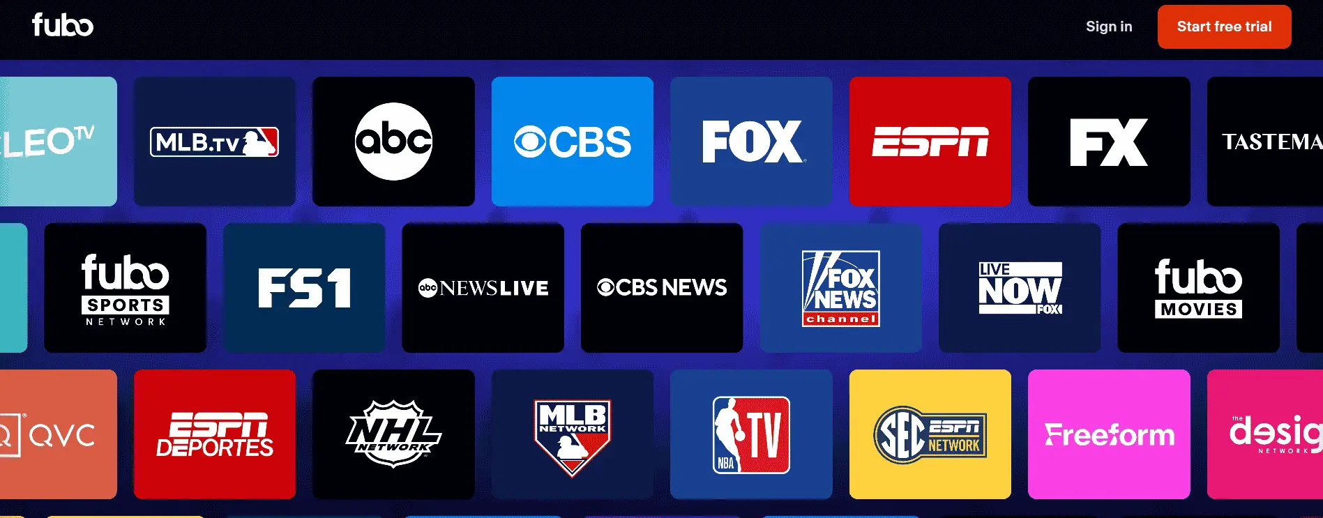 FuboTV streaming service interface showing live TV channels including ESPN, Fox, CBS, ABC, FS1, NFL Network, and regional sports networks – best sports streaming platform for NFL, NBA, MLB, NHL, and soccer fans.