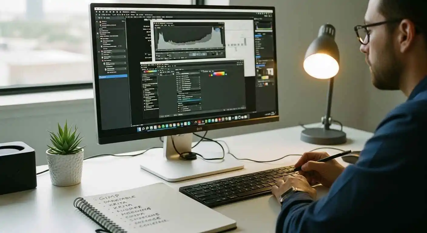 creative professional comparing different photo editing software options on computer screen