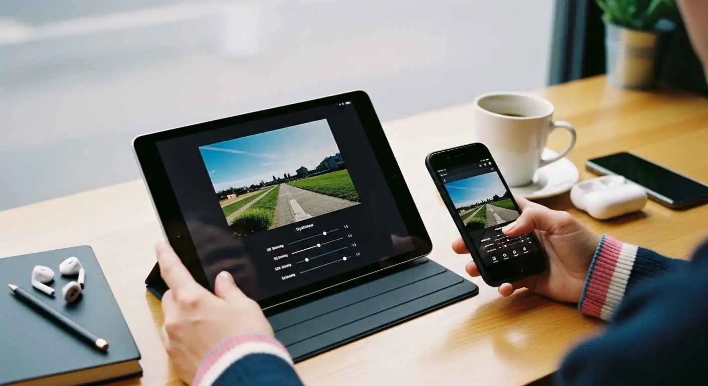 content creator editing photos on tablet and smartphone using mobile photo editing apps