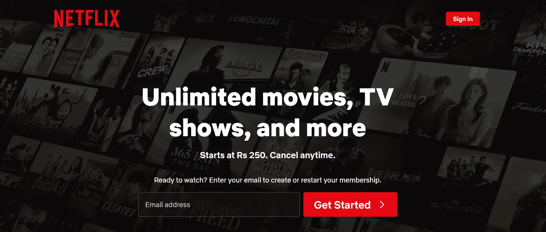 Netflix homepage showcasing its wide variety of movies, TV shows, and exclusive original content, available with flexible subscription plans starting at Rs 250.