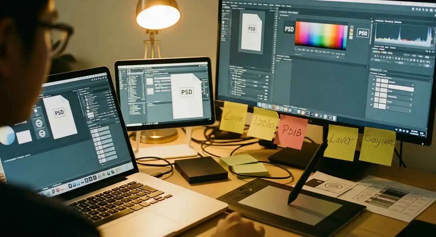 designer checking PSD file compatibility between different photo editing software on laptop