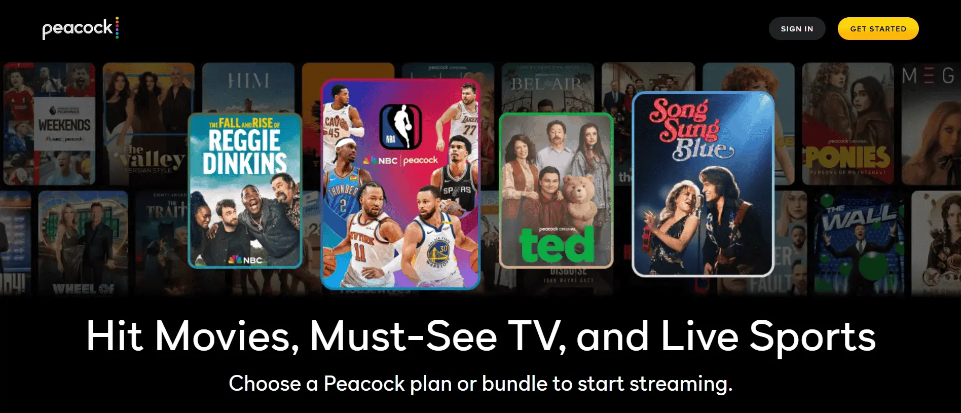 Peacock's free tier showcasing a variety of movies, TV shows, and live sports including popular titles like "Ted" and NBA games.