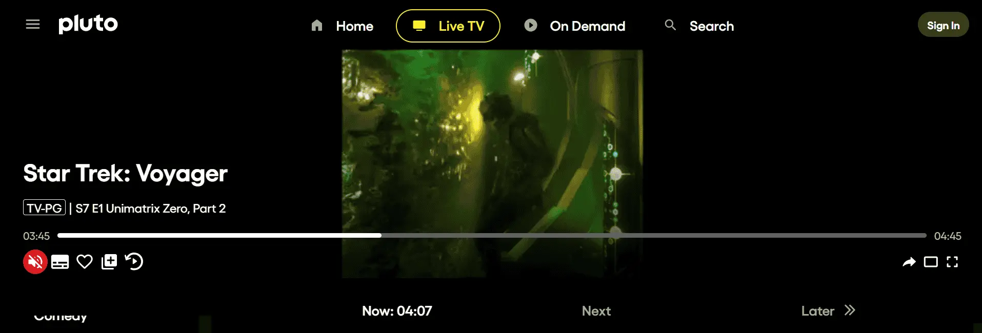 Pluto TV interface displaying the show "Star Trek: Voyager" on live TV, offering a unique experience with live channels and on-demand movies and TV shows for free.