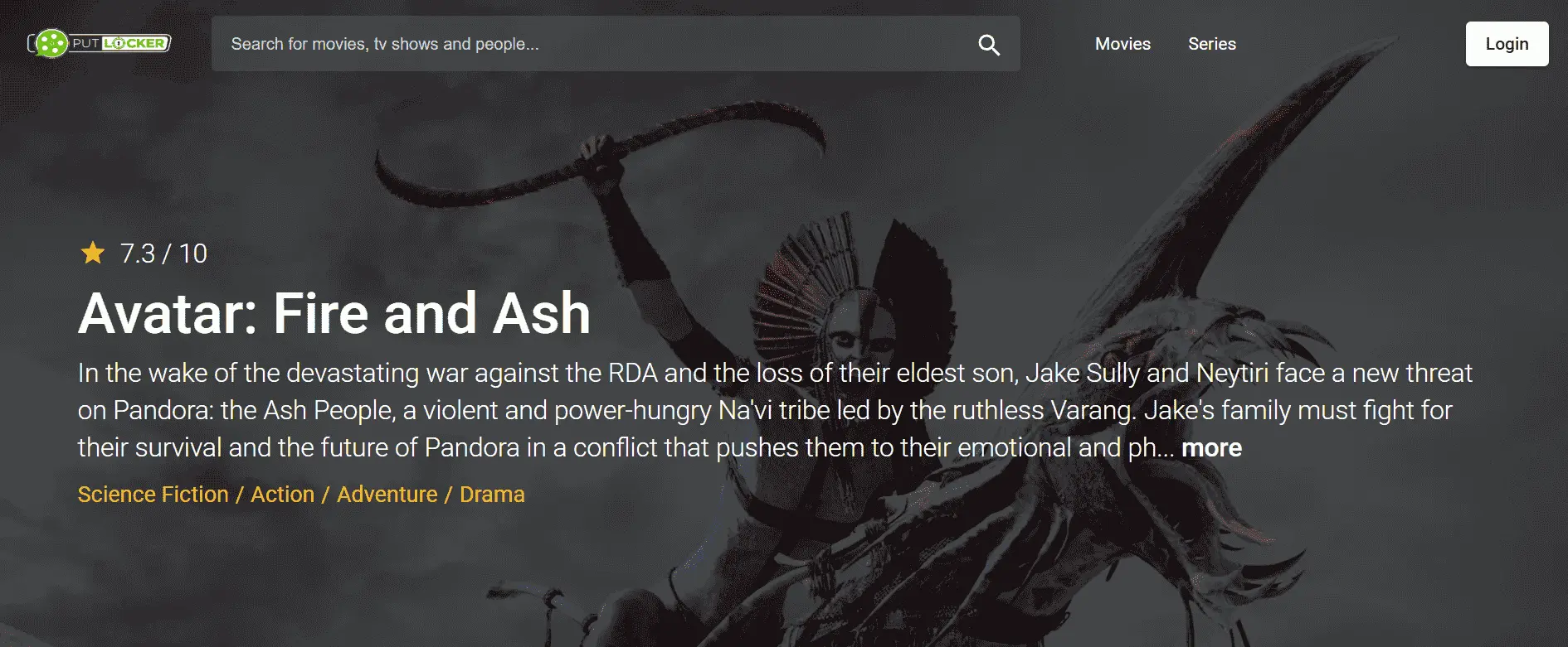 Putlocker website showing a popular movie, "Avatar: Fire and Ash," with unpredictable video quality and safety for free streaming.