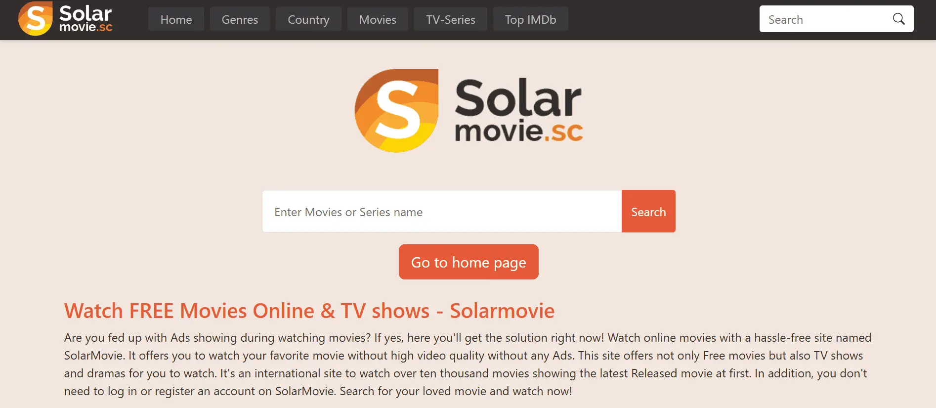 SolarMovie homepage showcasing a user-friendly interface for watching free movies and TV shows online without ads.
