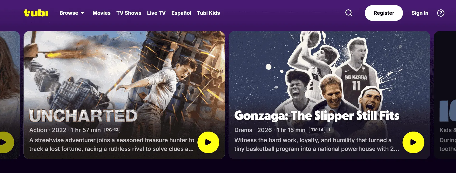 Screenshot of Tubi TV streaming platform showing movie and TV show library including Uncharted and Gonzaga The Slipper Still Fits with navigation for movies, TV shows, live TV, and Tubi Kids.