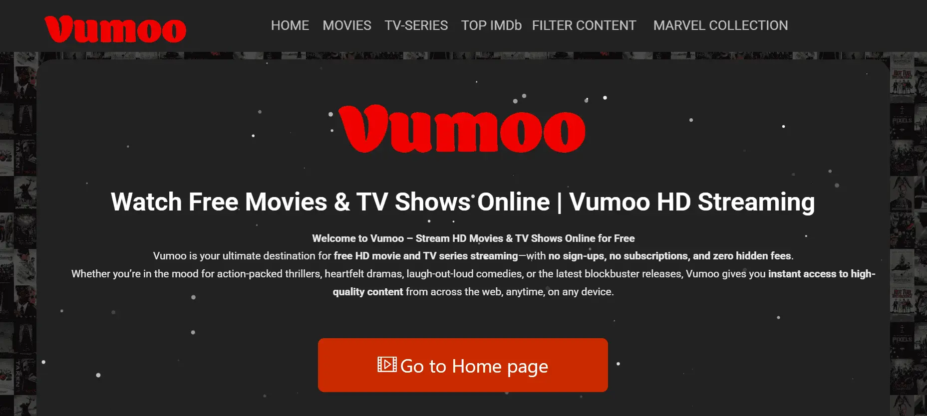 Screenshot of Vumoo website homepage showing free HD movies and TV shows streaming platform with navigation for movies, TV series, top IMDb, and Marvel collection.