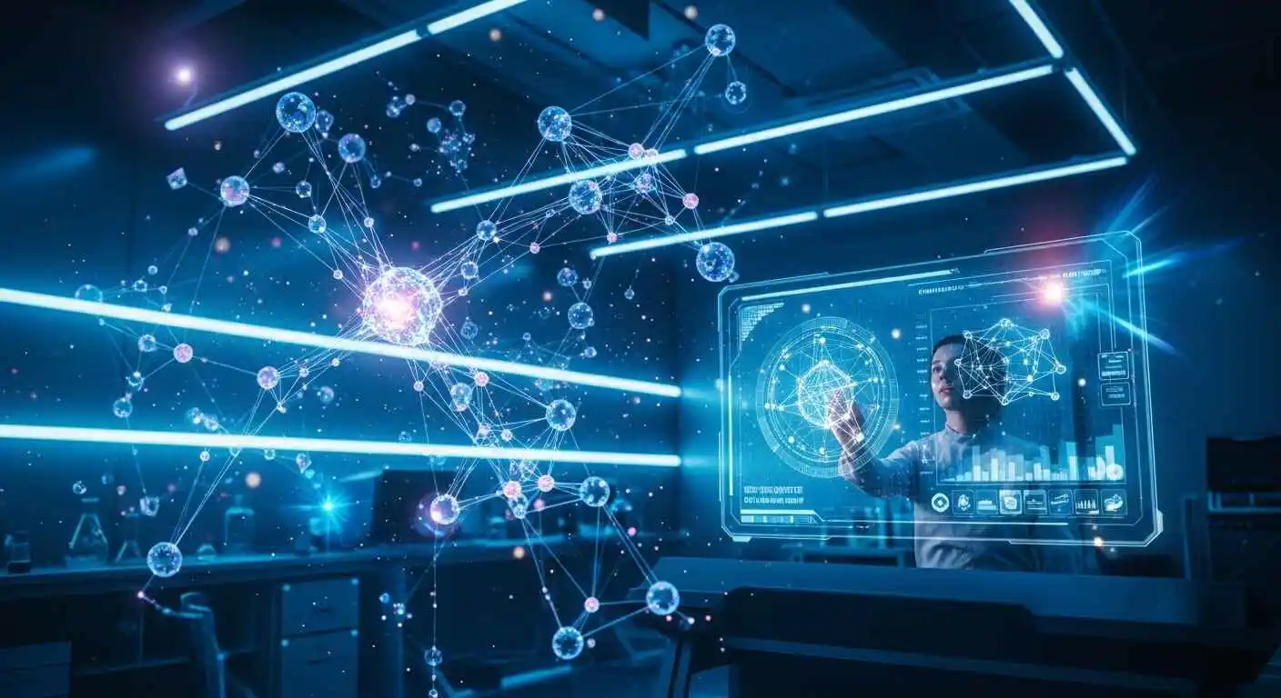 Neural network visualization connecting machine learning and artificial intelligence systems with glowing data nodes