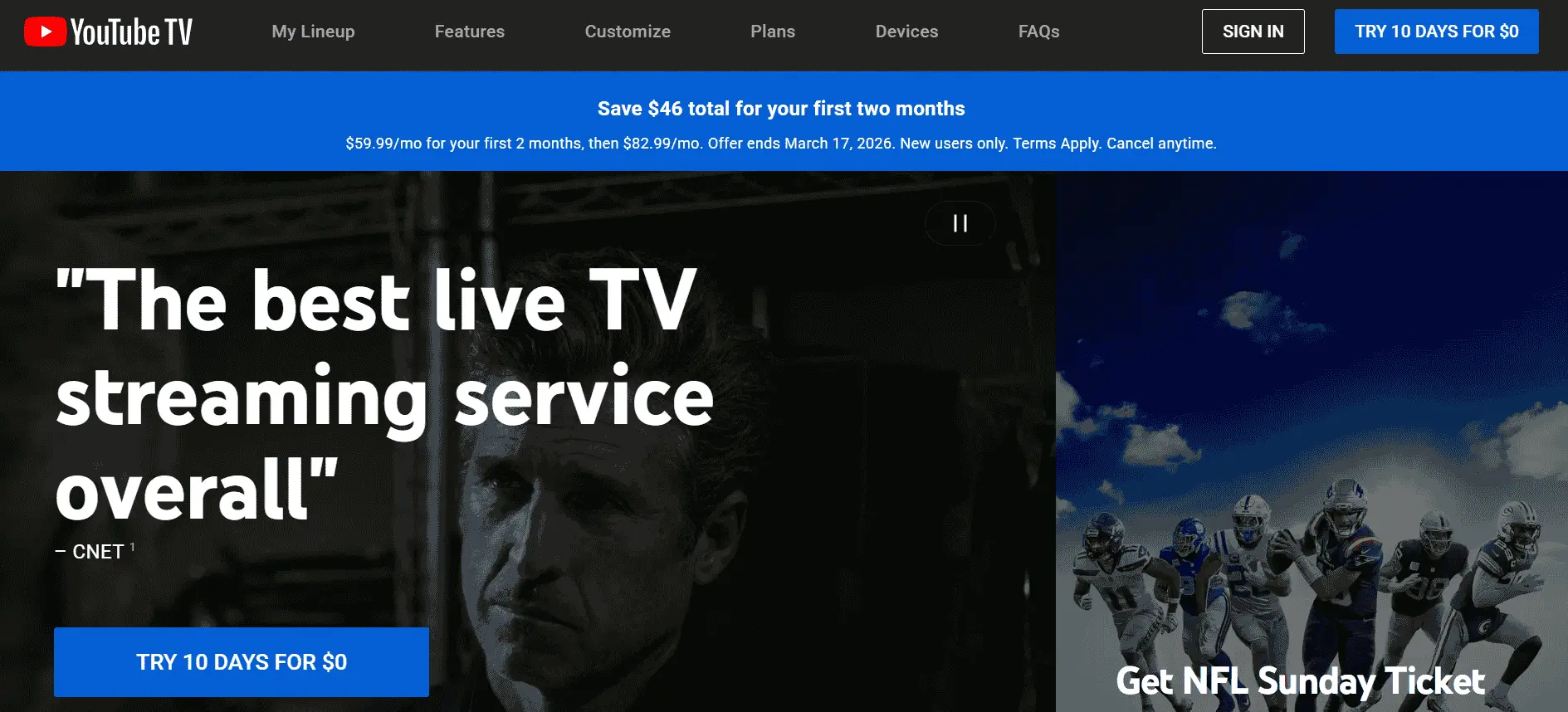 YouTube TV streaming service homepage showing live TV interface with sports coverage including NFL Sunday Ticket and major sports networks available for online streaming.
