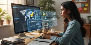 A determined female self-taught data scientist working at a home desk with a 2025 roadmap whiteboard, Python code on a monitor, and data visualization projects.