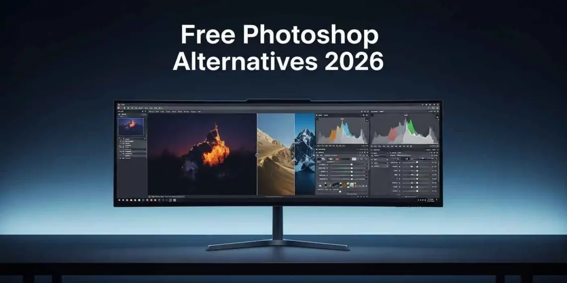 Split-screen comparison of free Photoshop alternatives in 2026 including Photopea, GIMP, Krita, and Darktable interfaces on a modern desktop monitor