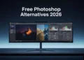 Split-screen comparison of free Photoshop alternatives in 2026 including Photopea, GIMP, Krita, and Darktable interfaces on a modern desktop monitor