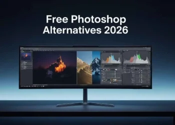 Split-screen comparison of free Photoshop alternatives in 2026 including Photopea, GIMP, Krita, and Darktable interfaces on a modern desktop monitor