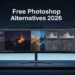 Split-screen comparison of free Photoshop alternatives in 2026 including Photopea, GIMP, Krita, and Darktable interfaces on a modern desktop monitor