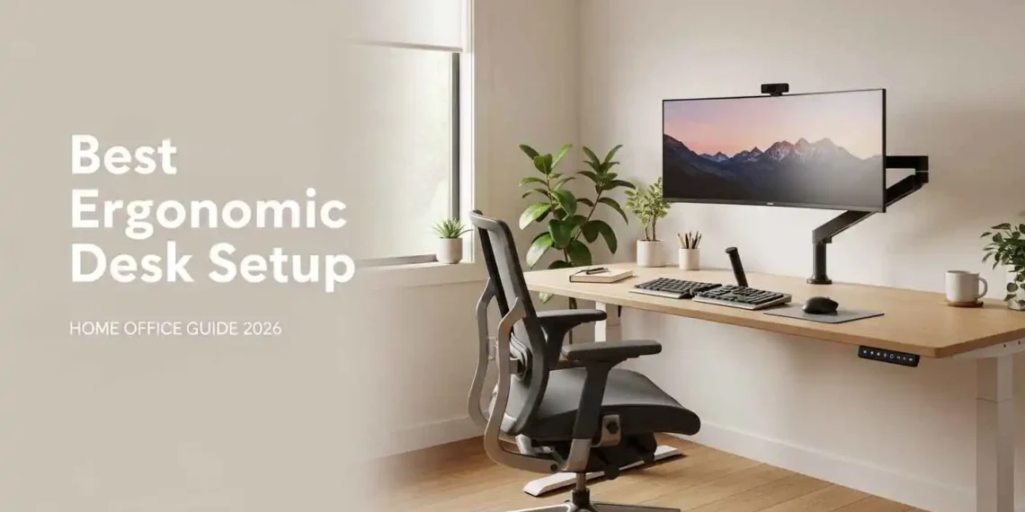 A perfectly arranged ergonomic home office desk setup in 2026 showing correct monitor height, chair posture, keyboard position, and neutral sitting posture for productivity and pain prevention