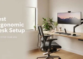A perfectly arranged ergonomic home office desk setup in 2026 showing correct monitor height, chair posture, keyboard position, and neutral sitting posture for productivity and pain prevention