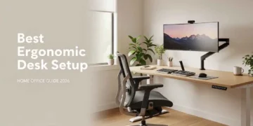 A perfectly arranged ergonomic home office desk setup in 2026 showing correct monitor height, chair posture, keyboard position, and neutral sitting posture for productivity and pain prevention