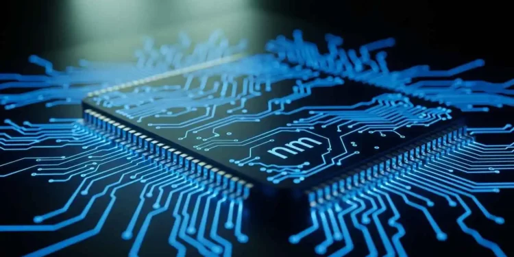 A photorealistic macro visualization of nanometre-scale transistors on a silicon chip glowing blue, representing the difference between nanometre and the fake term nometre