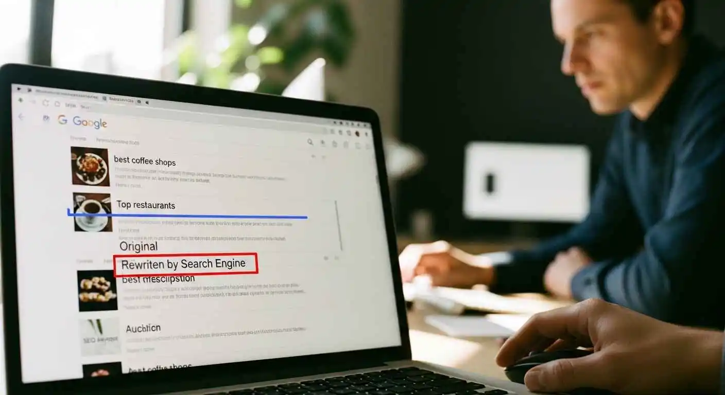 Comparison of original and rewritten meta descriptions in Google search results showing differences in displayed snippets
