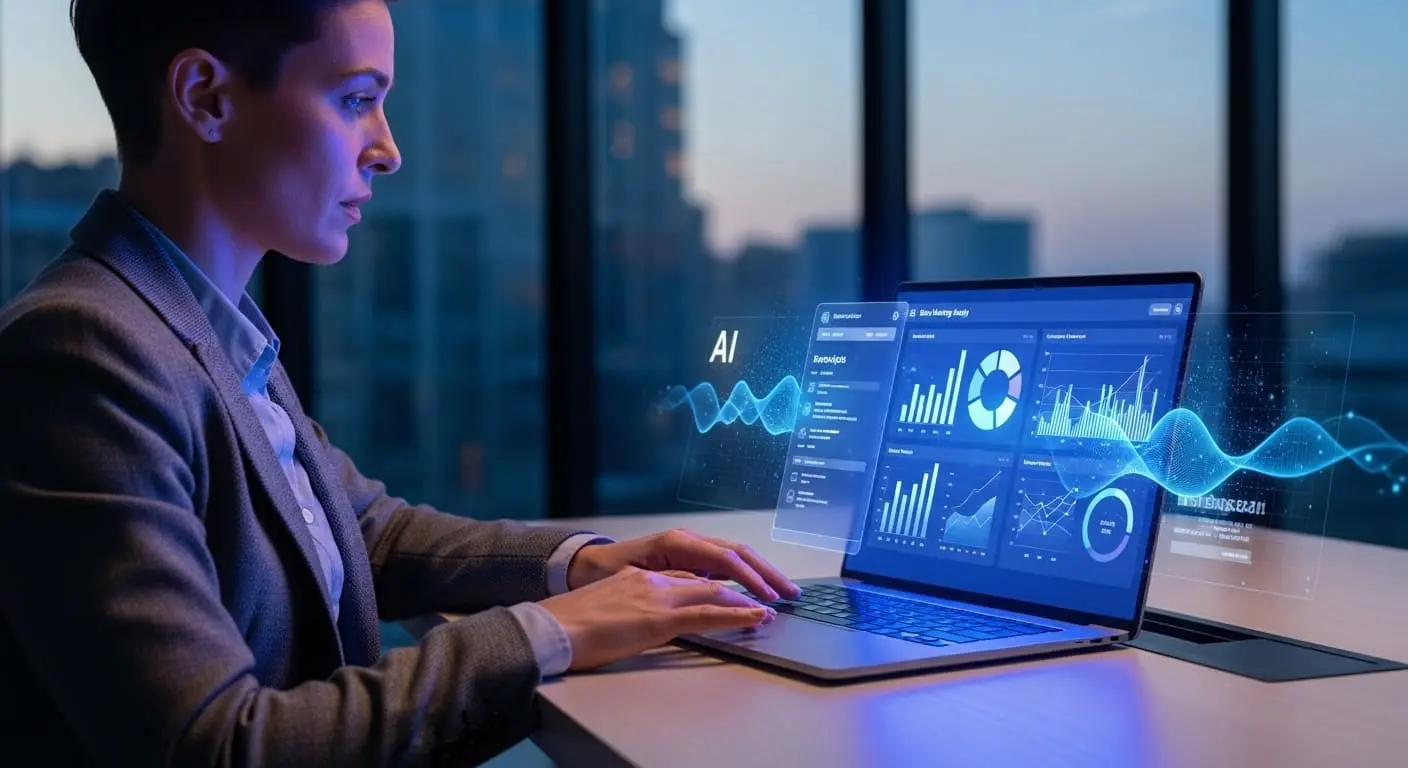 A marketer using AI-powered tools on a laptop to optimize email marketing campaigns with data analytics dashboards visible on screen