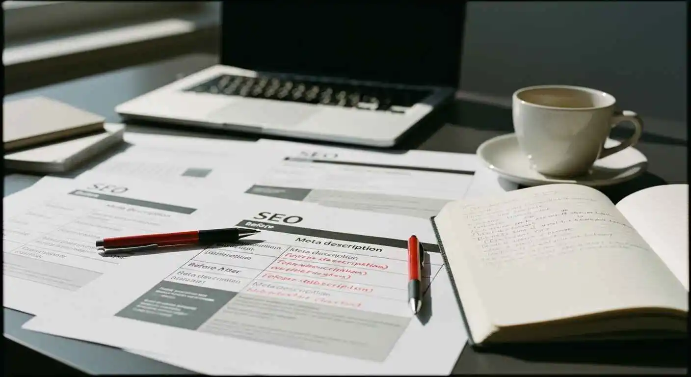 Side-by-side comparison of before and after meta descriptions with notes and SEO critique markings