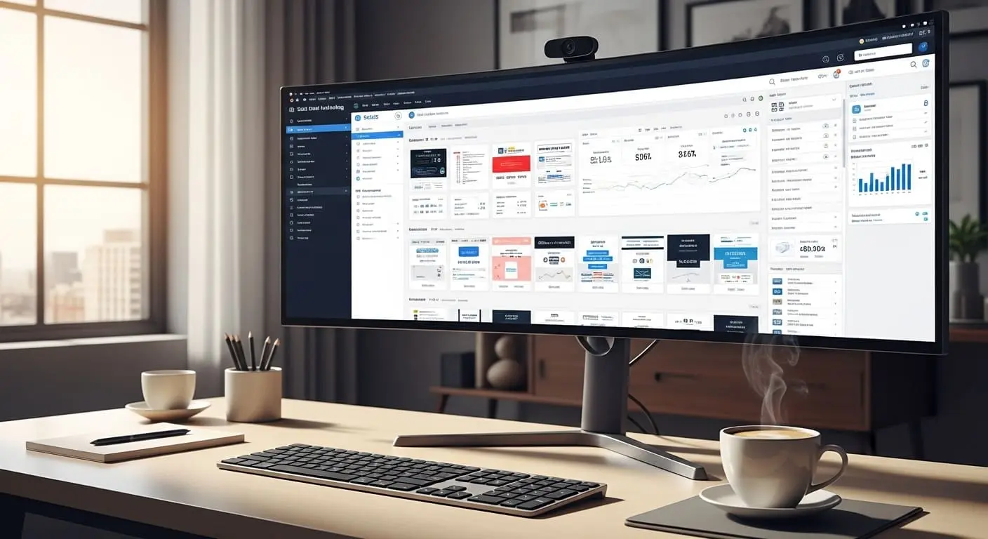 A clean digital workspace showing multiple AI email marketing tool interfaces like Mailchimp, Klaviyo and ChatGPT open on a widescreen monitor