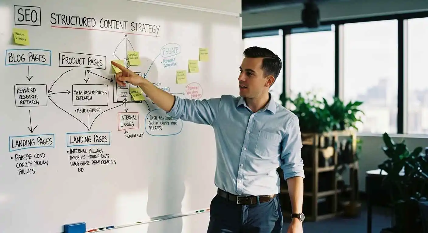 Digital marketing strategist planning different meta descriptions for blog, product, and landing pages on a whiteboard