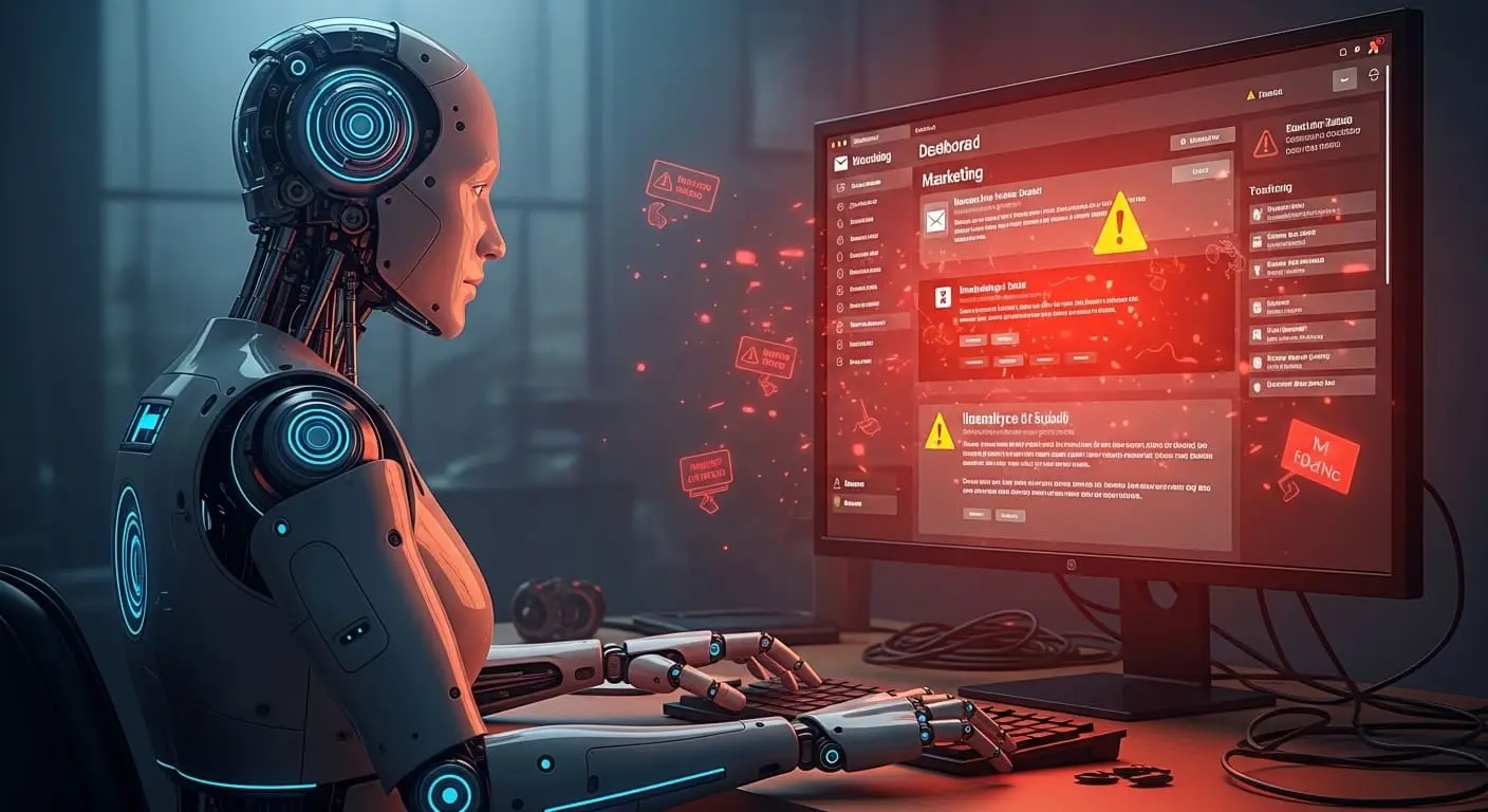A caution symbol overlaid on an AI robot interface showing error messages and incomplete email drafts, representing AI limitations in marketing