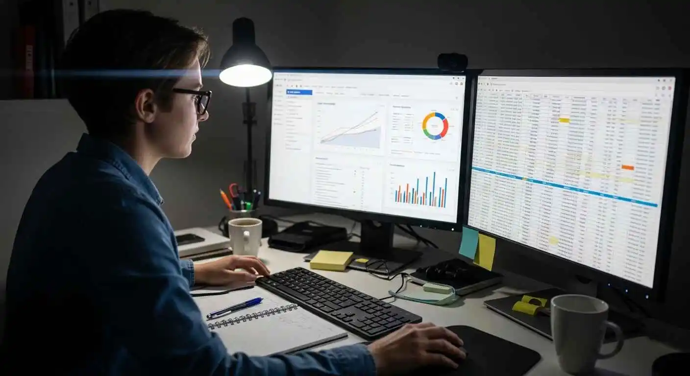 SEO specialist reviewing website data and fixing meta descriptions using analytics tools on multiple screens