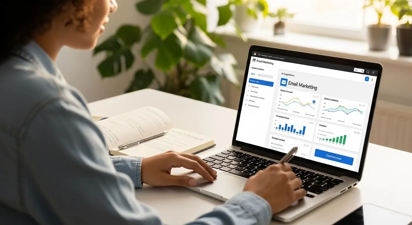 A small business owner working on a budget-friendly AI email marketing campaign from a home office setup with a laptop and notebook